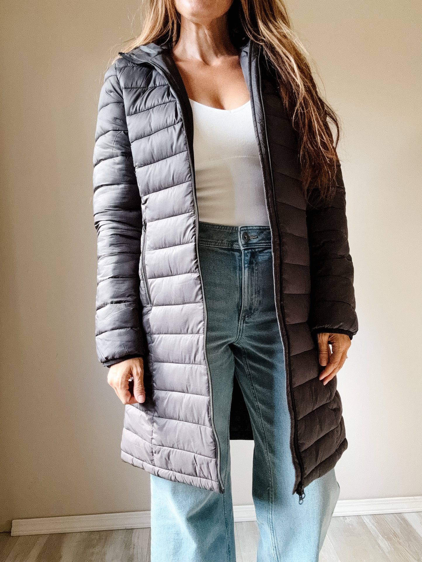 | Black Long Puffer Hooded Jacket