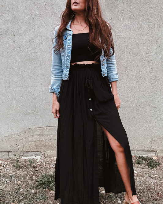 | Black Smocked Top And Flowy Maxi Skirt Set