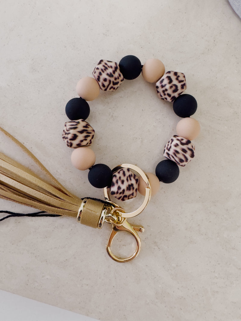 Silicone Leopard Print Car Keychain with Beaded Tassel