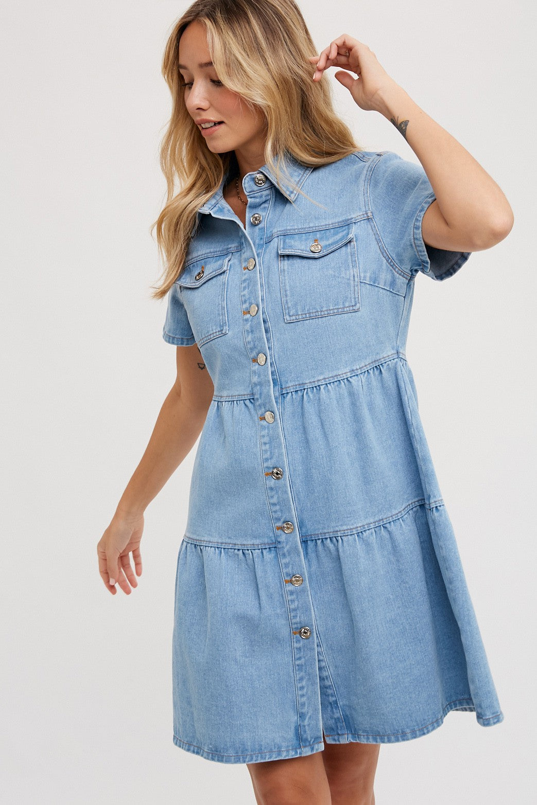 | TIERED DENIM SHIRT DRESS