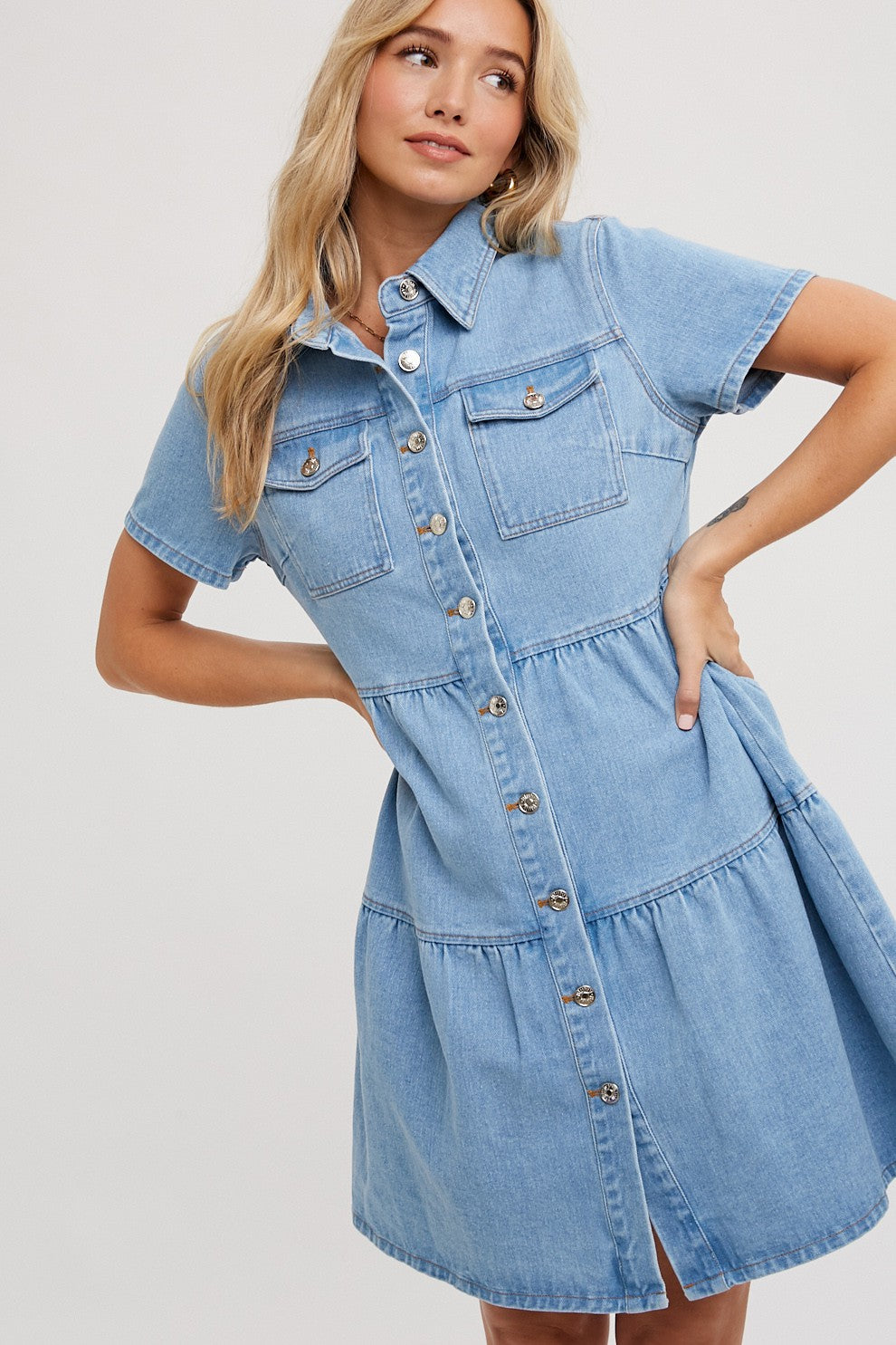 | TIERED DENIM SHIRT DRESS