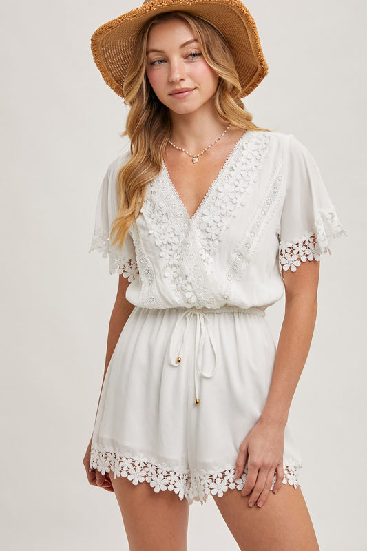 Ivory Floral Wrap Lace Romper