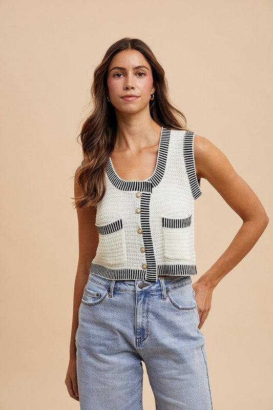 Contrast Rib Detail Textured Sweater Vest