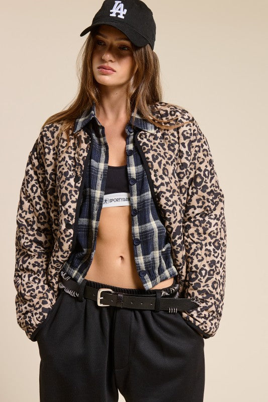 Leopard Print Quilted Snap Jacket