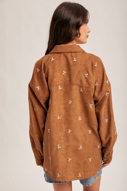 Bow Embroidery Corduroy Button Down Shirt