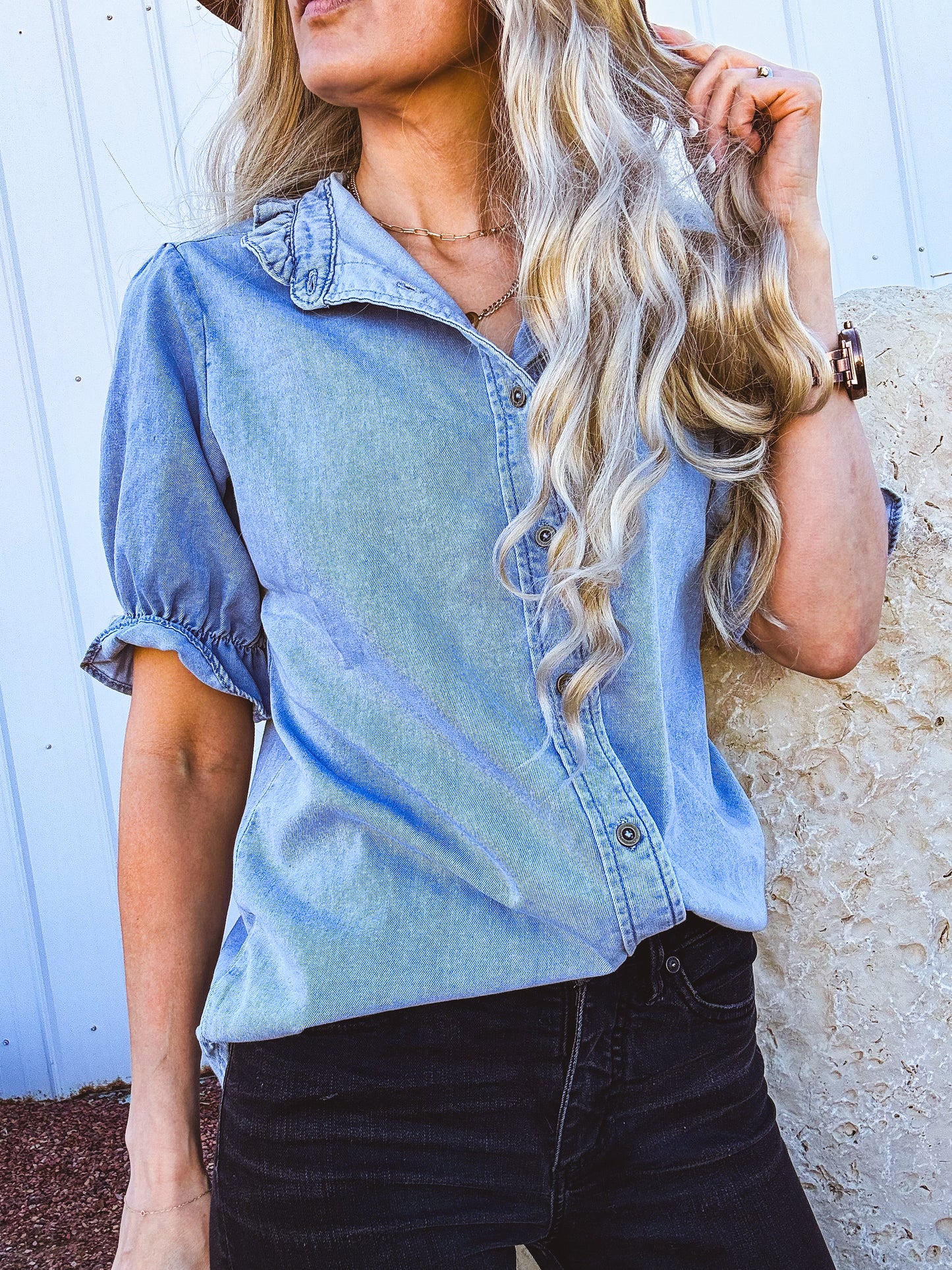 Chambray Ruffle Top