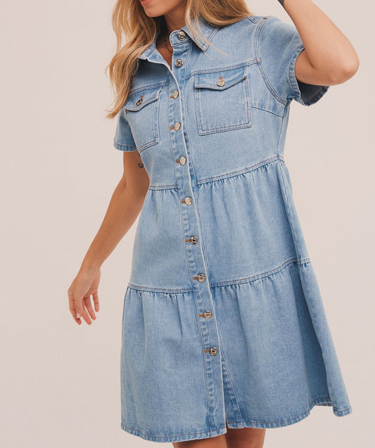 | TIERED DENIM SHIRT DRESS