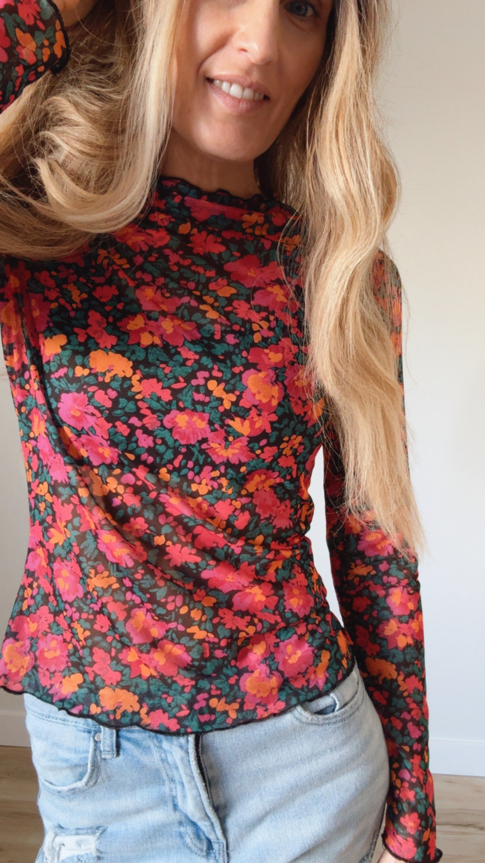 Slim Fit Floral Mesh Long Sleeve Mock Neck Top