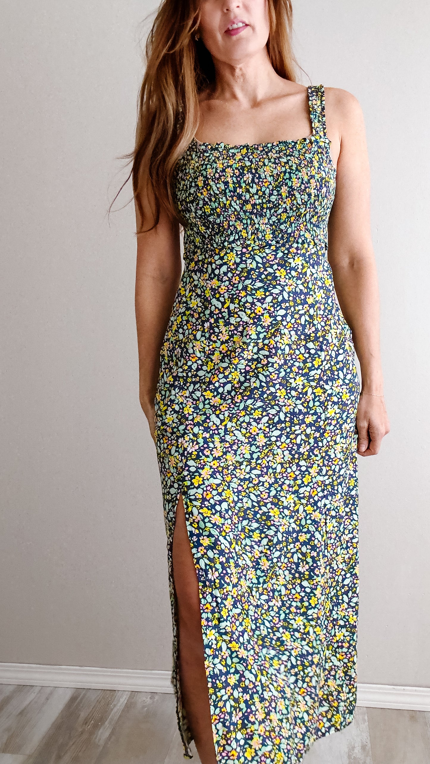 | Navy / Mint Smocked Midi Dress