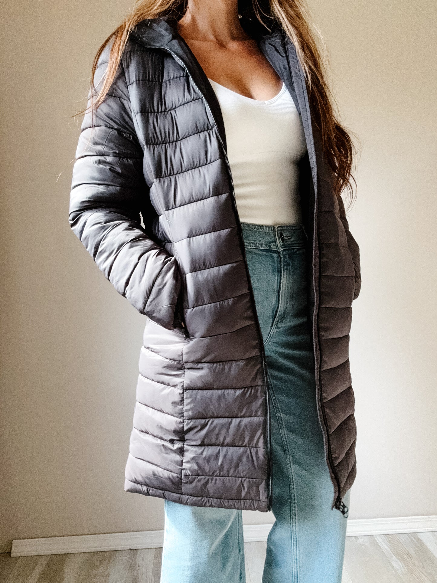 | Black Long Puffer Hooded Jacket