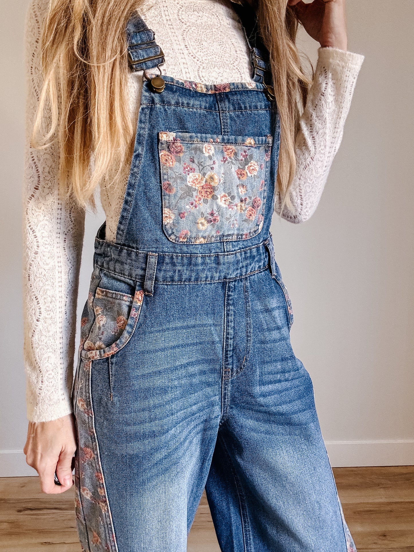 Floral Patchwork Bib Denim Wide Leg Overalls