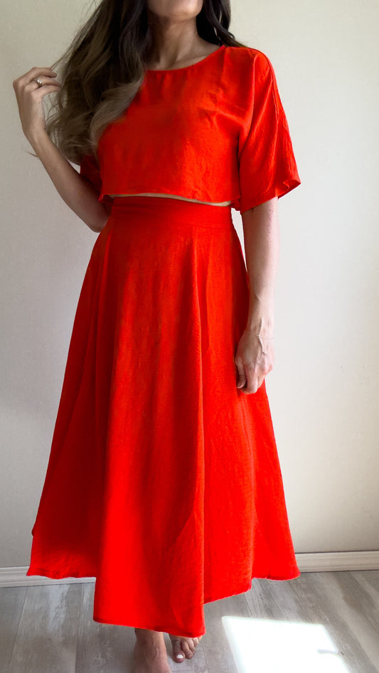 | Cherry Red Loose Fit Top and Skirt Set