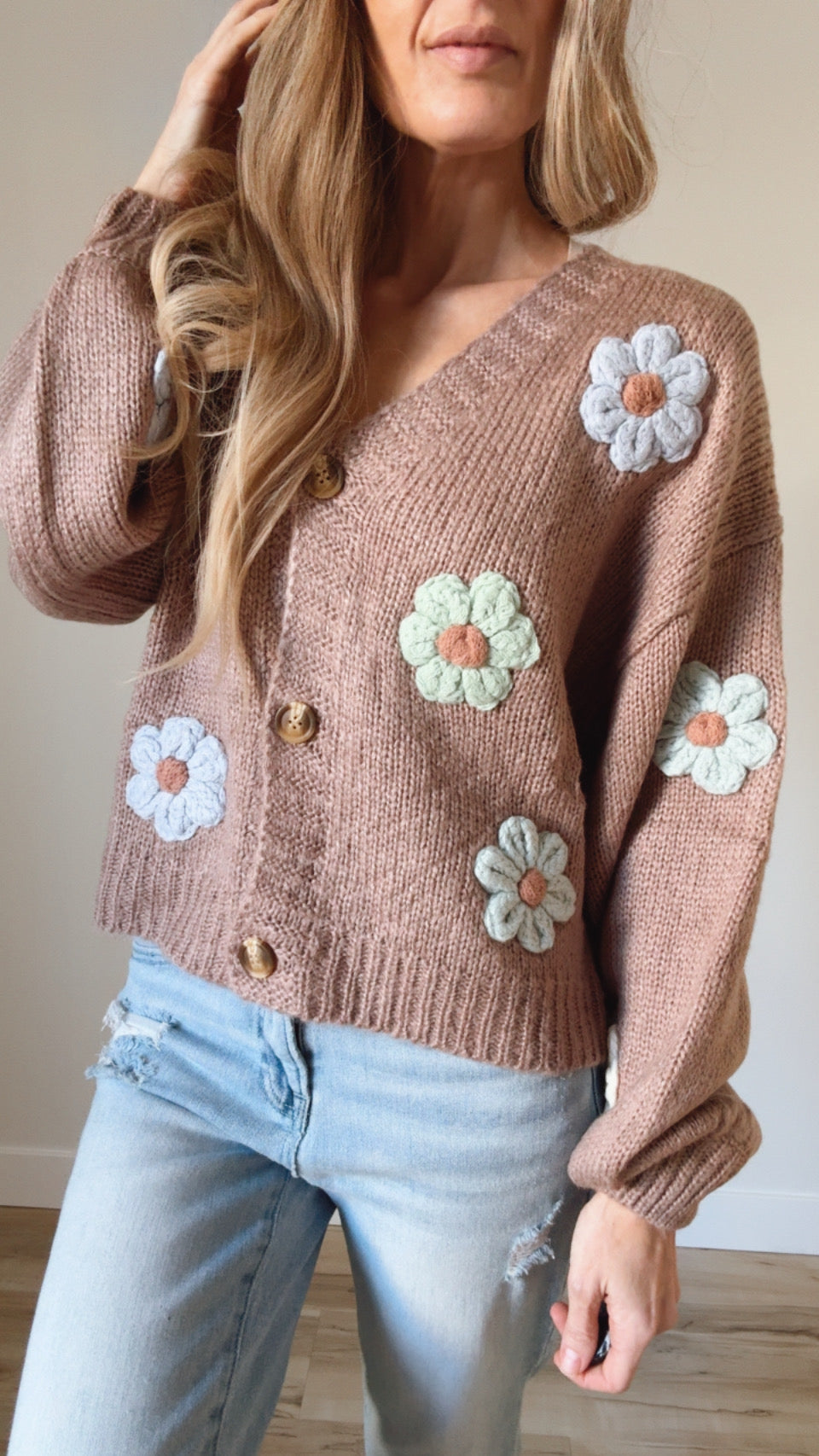 3d Knitted Floral Applique Cardigan