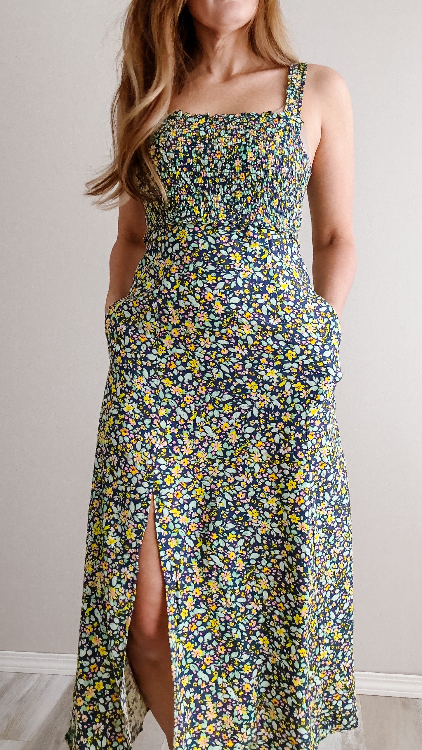 | Navy / Mint Smocked Midi Dress