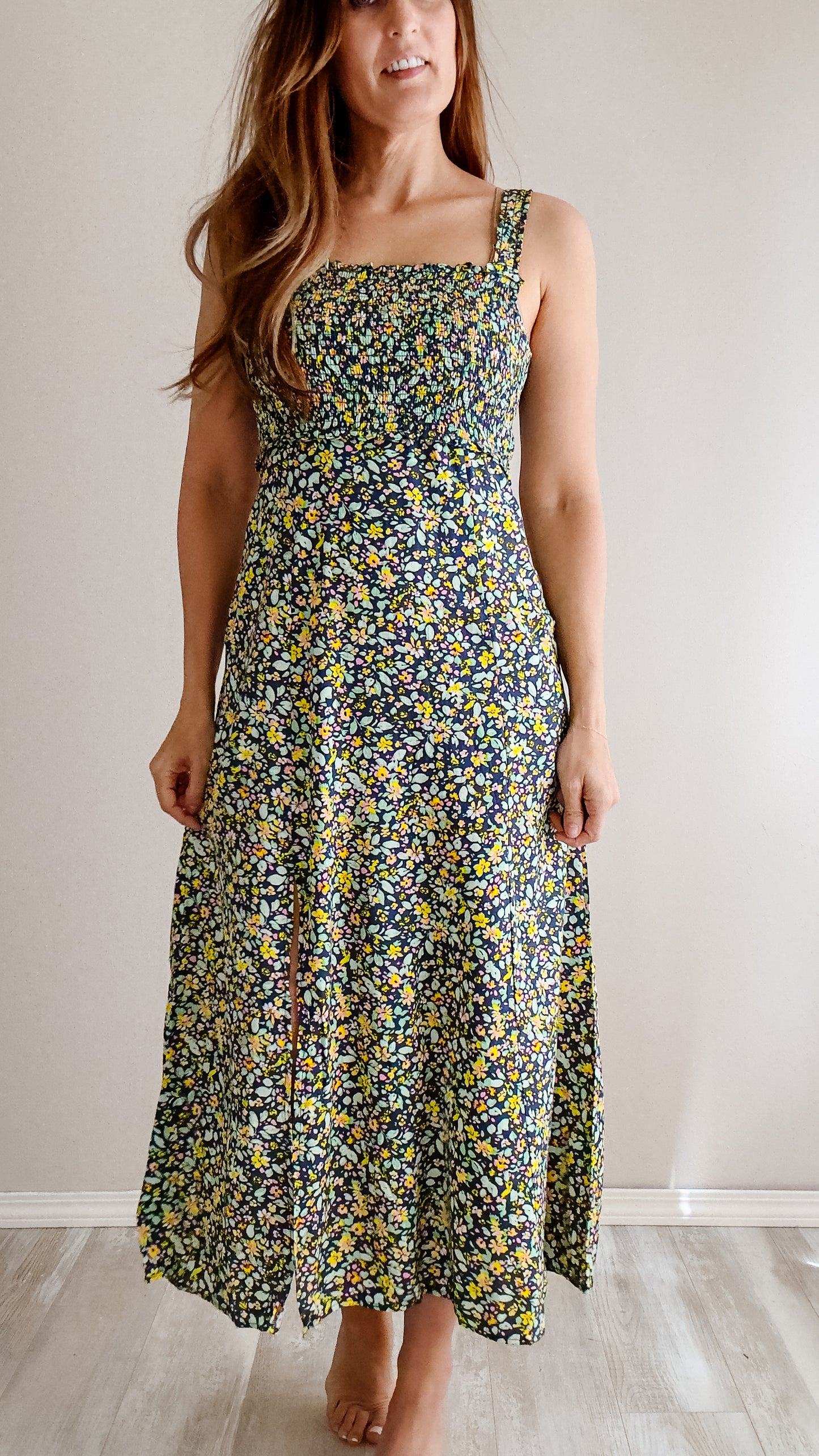 | Navy / Mint Smocked Midi Dress
