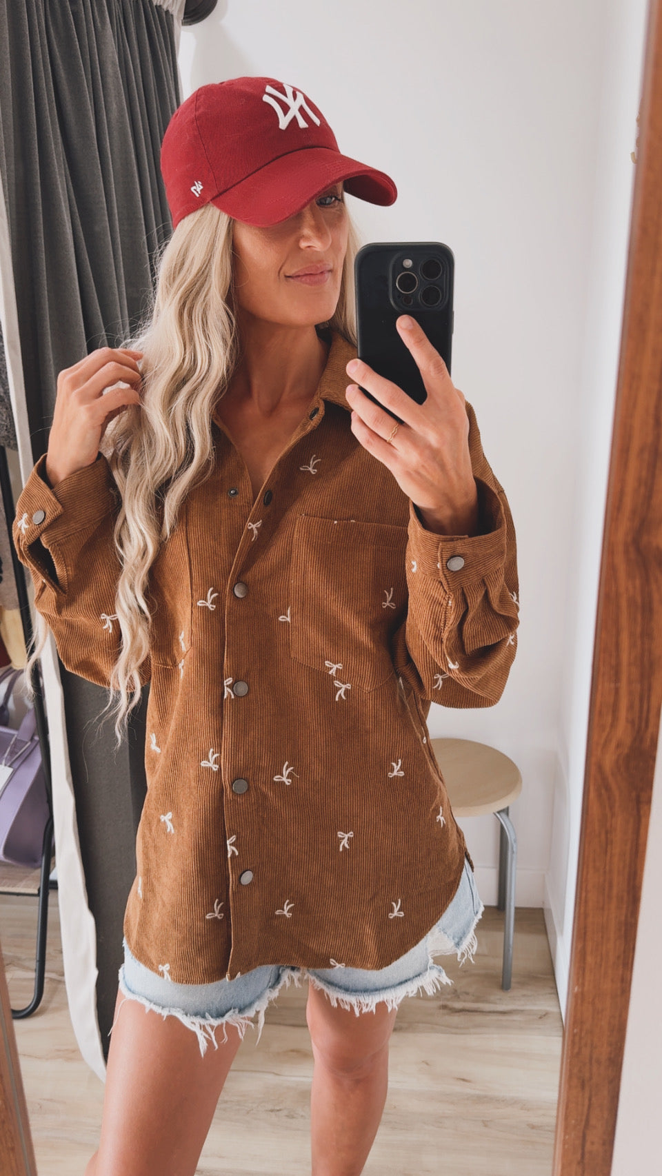 Bow Embroidery Corduroy Button Down Shirt