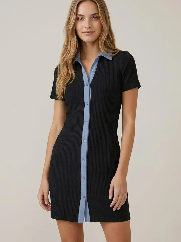 Denim Contrast Heavy Rib Fitted Mini Dress