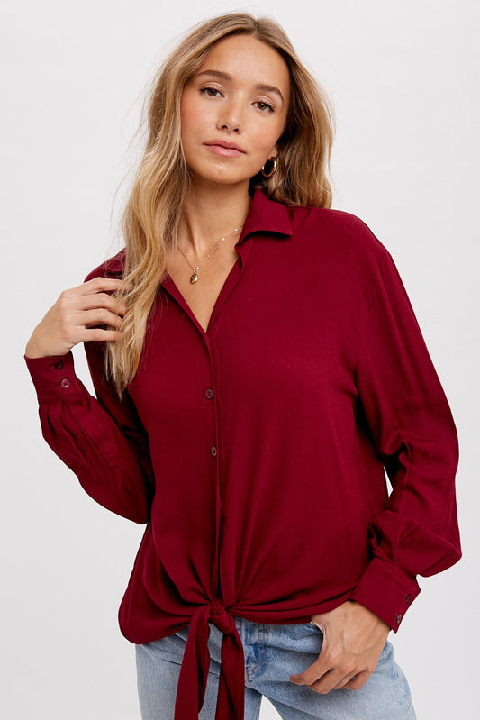 Wine Tie Front Button Up Shirt