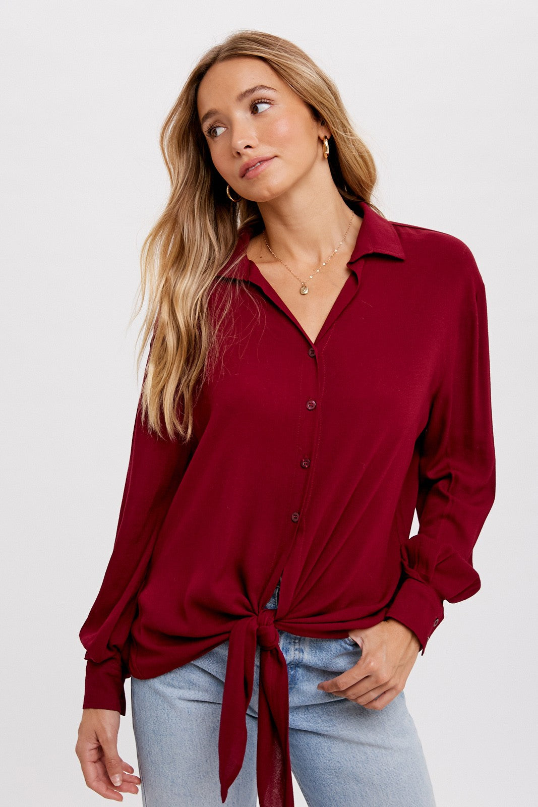 Wine Tie Front Button Up Shirt