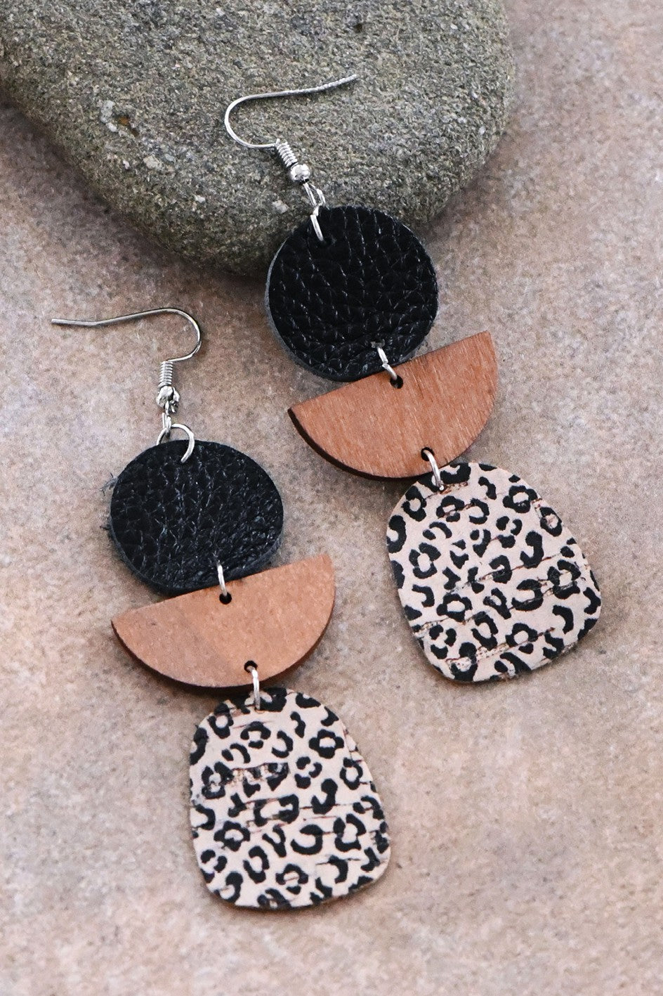 | Leopard Printed Cork Earrings with Wood & Leather