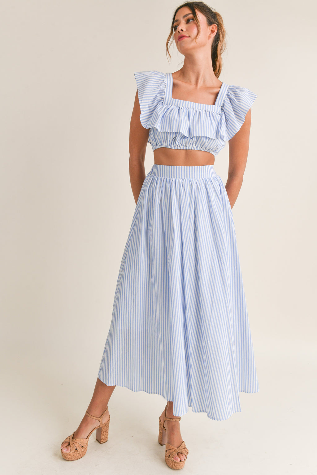 • Blue Striped Ruffle Crop Top and Midi Skirt Set