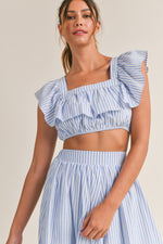 • Blue Striped Ruffle Crop Top and Midi Skirt Set