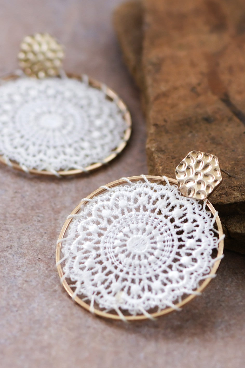 | White Lace Earrings with Gold Accent