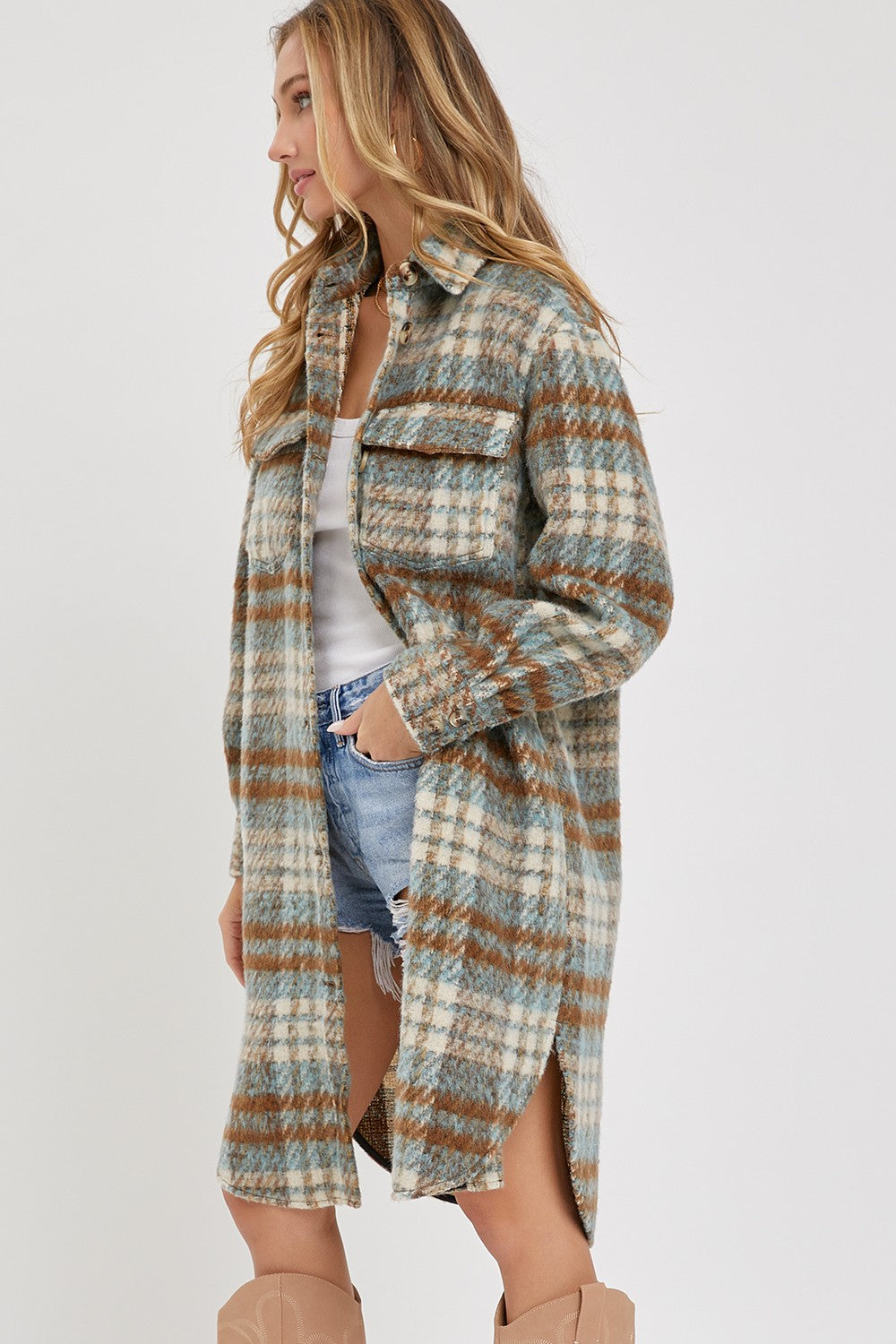 Button Down Long Plaid Coat