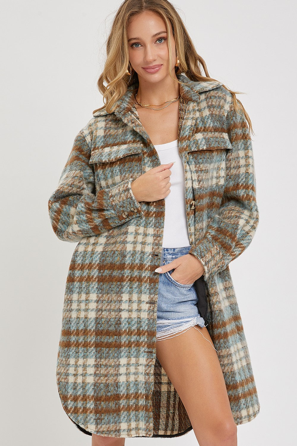 Button Down Long Plaid Coat