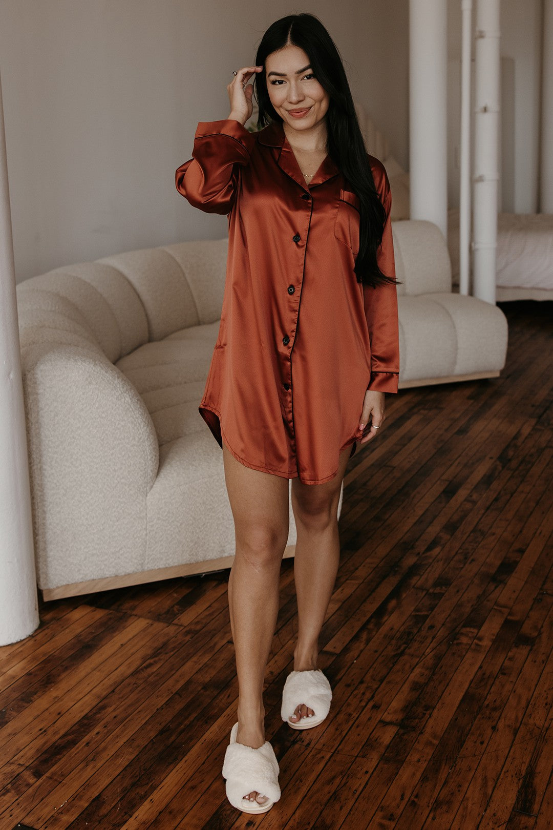 *< Stevie  Burnt Orange Satin Sleep Shirt