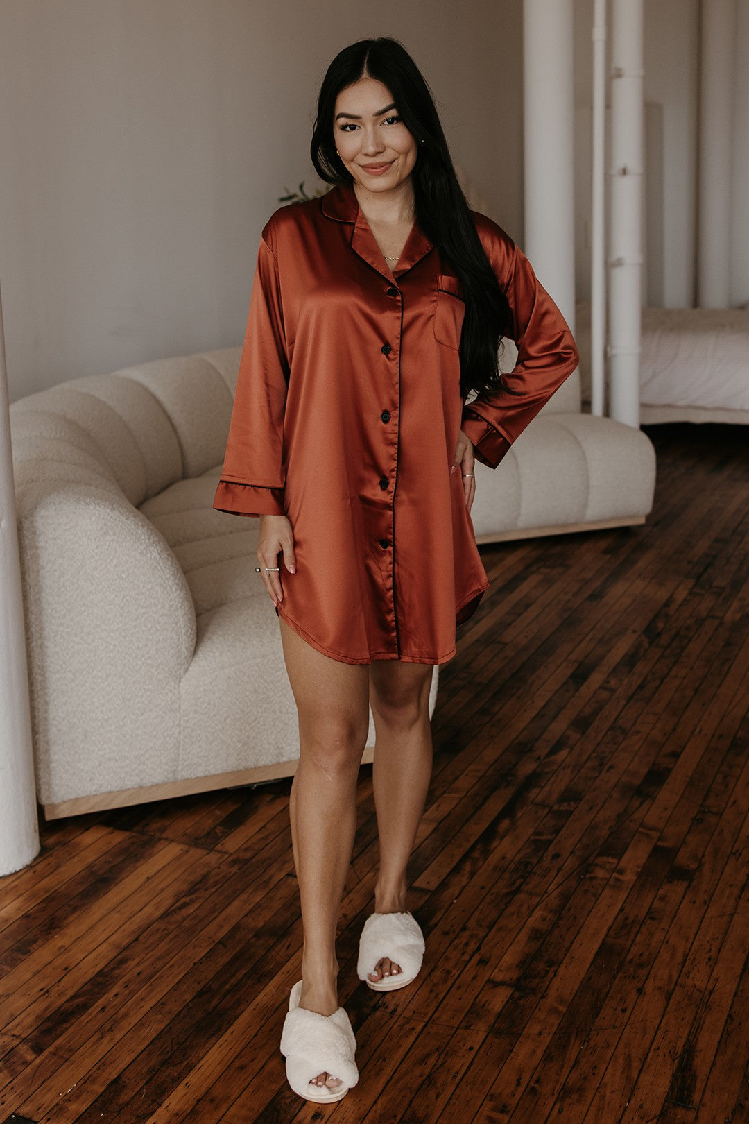 *< Stevie  Burnt Orange Satin Sleep Shirt