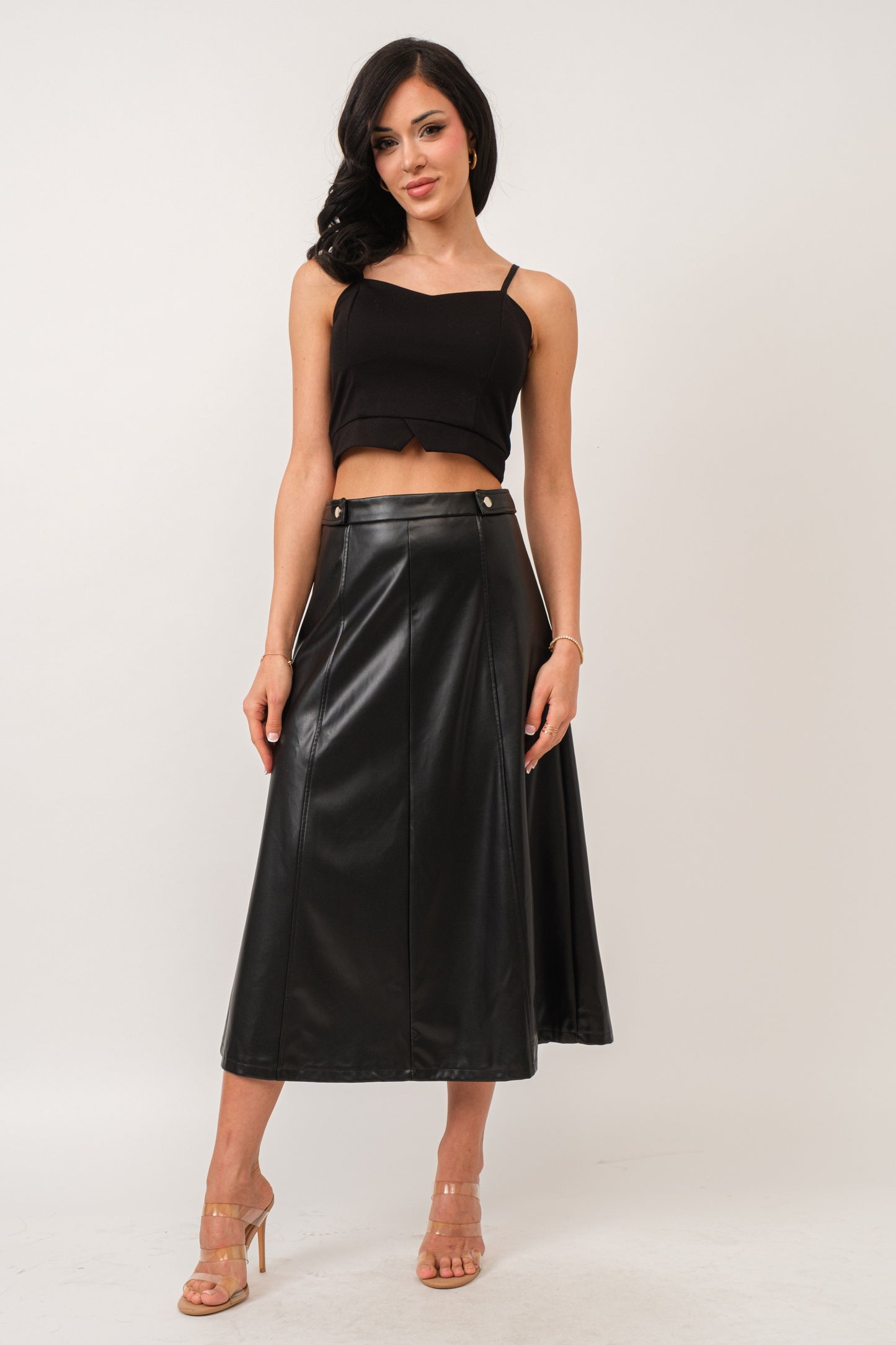 *< Aline Faux leather Midi Skirt