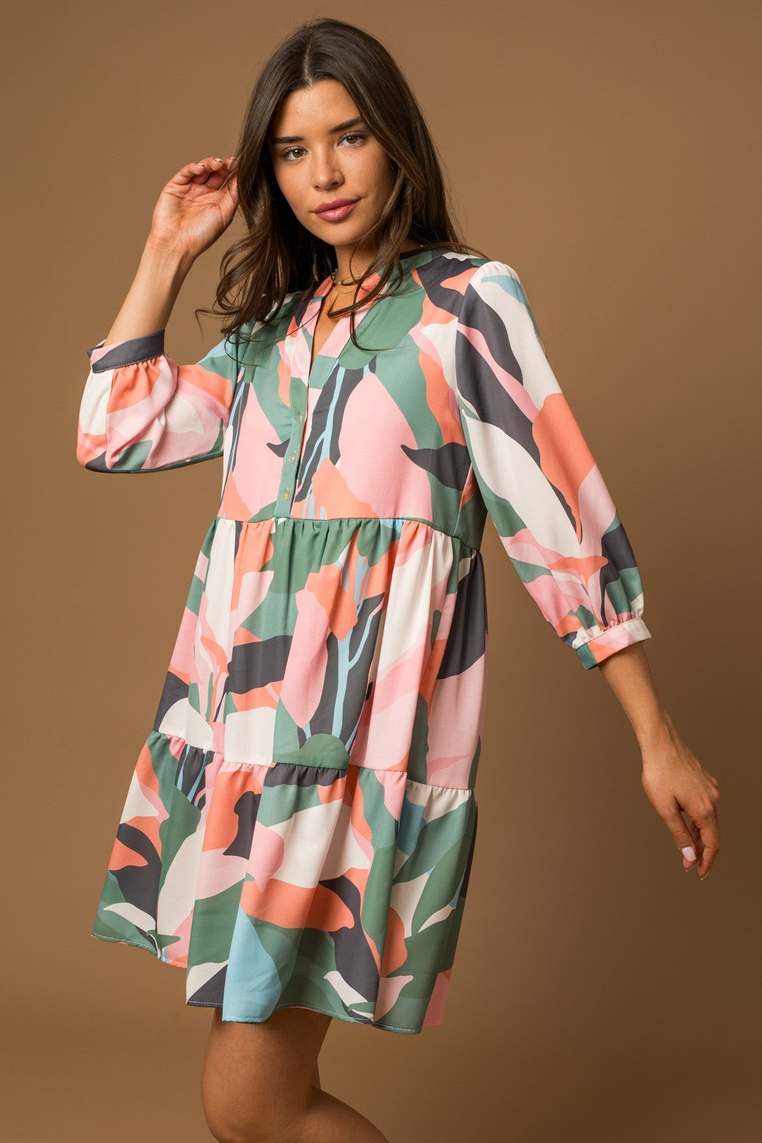 3/4 SLEEVE BUTTON DOWN ABSTRACT PRINT DRESS