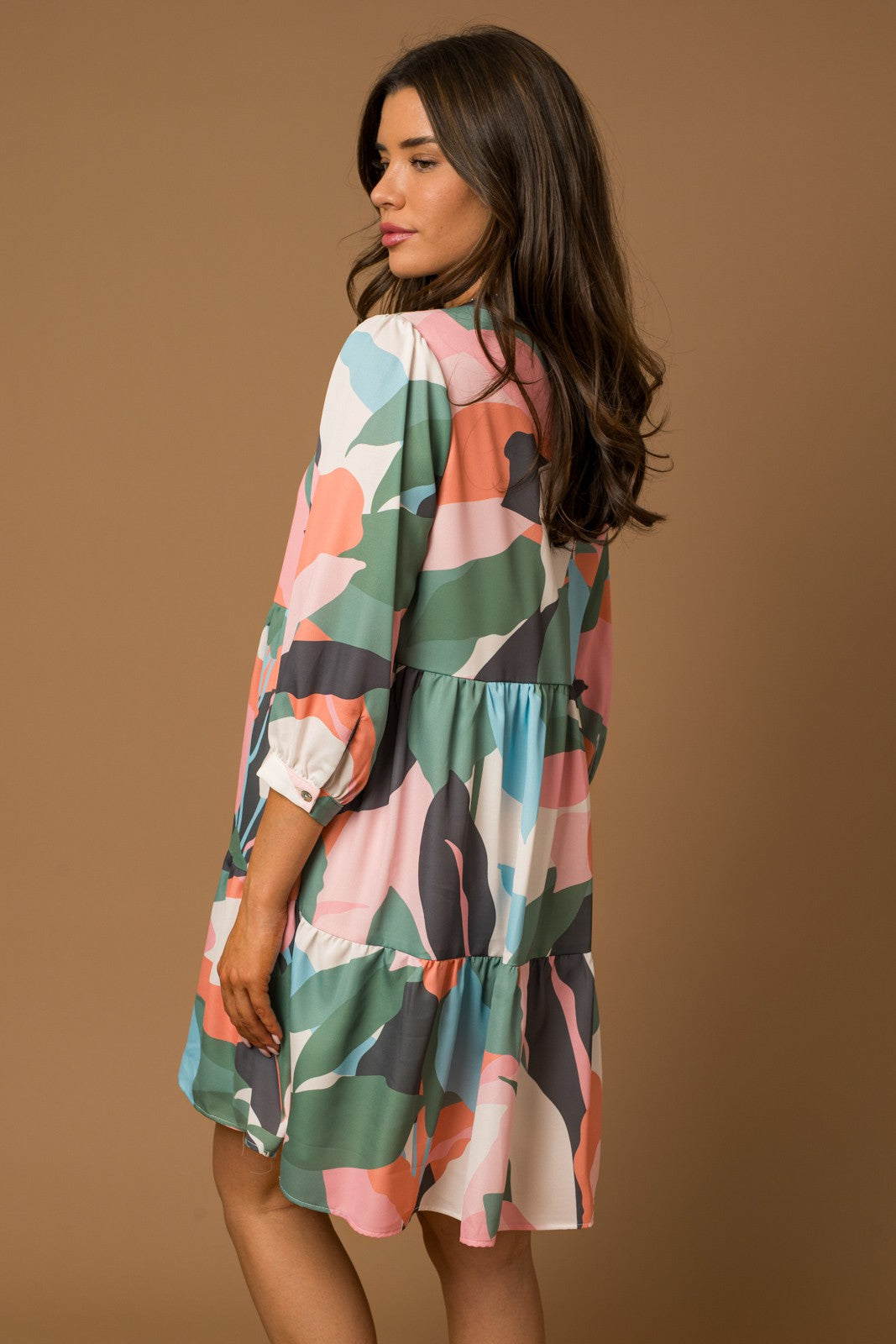 3/4 SLEEVE BUTTON DOWN ABSTRACT PRINT DRESS