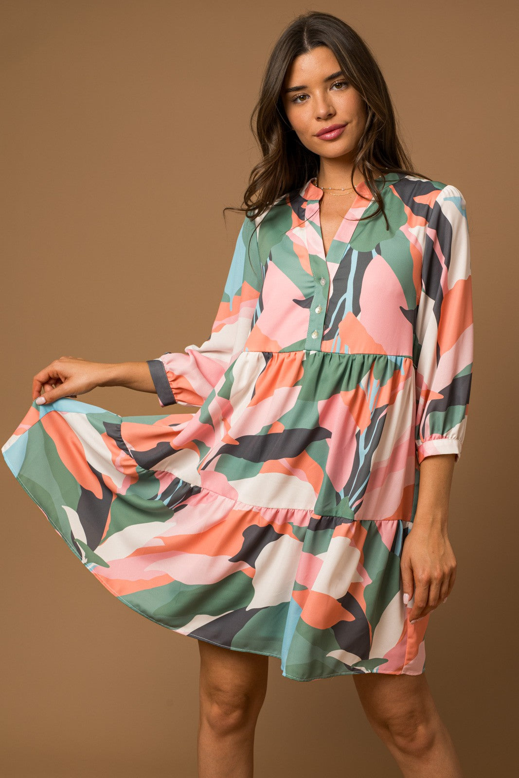 3/4 SLEEVE BUTTON DOWN ABSTRACT PRINT DRESS