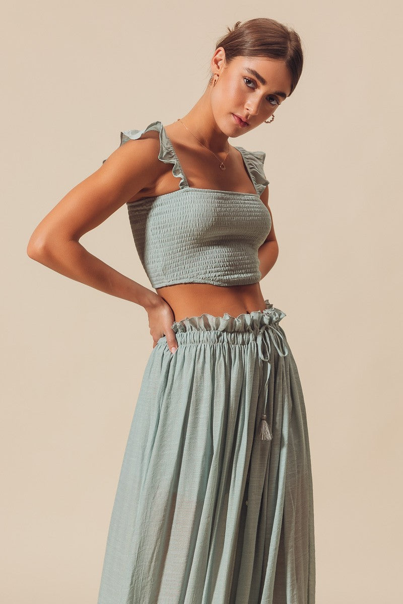 Dusty Sage Smocked Top And Flowy Maxi Skirt Set