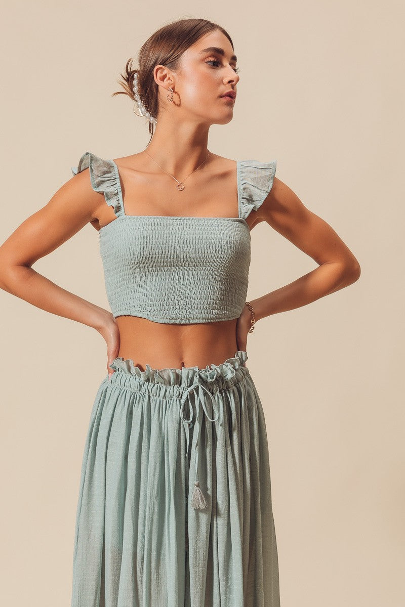 Dusty Sage Smocked Top And Flowy Maxi Skirt Set