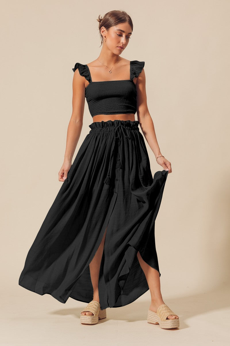 Black Smocked Top And Flowy Maxi Skirt Set