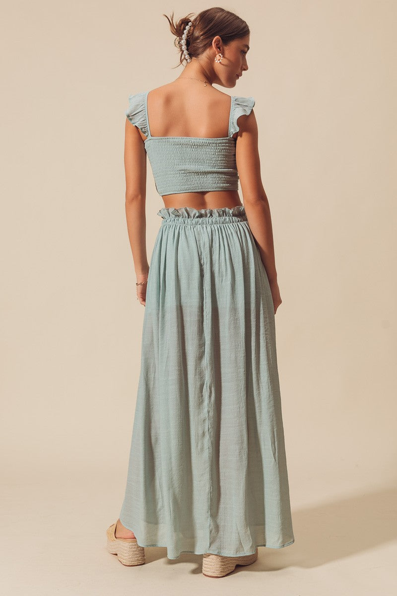 Dusty Sage Smocked Top And Flowy Maxi Skirt Set