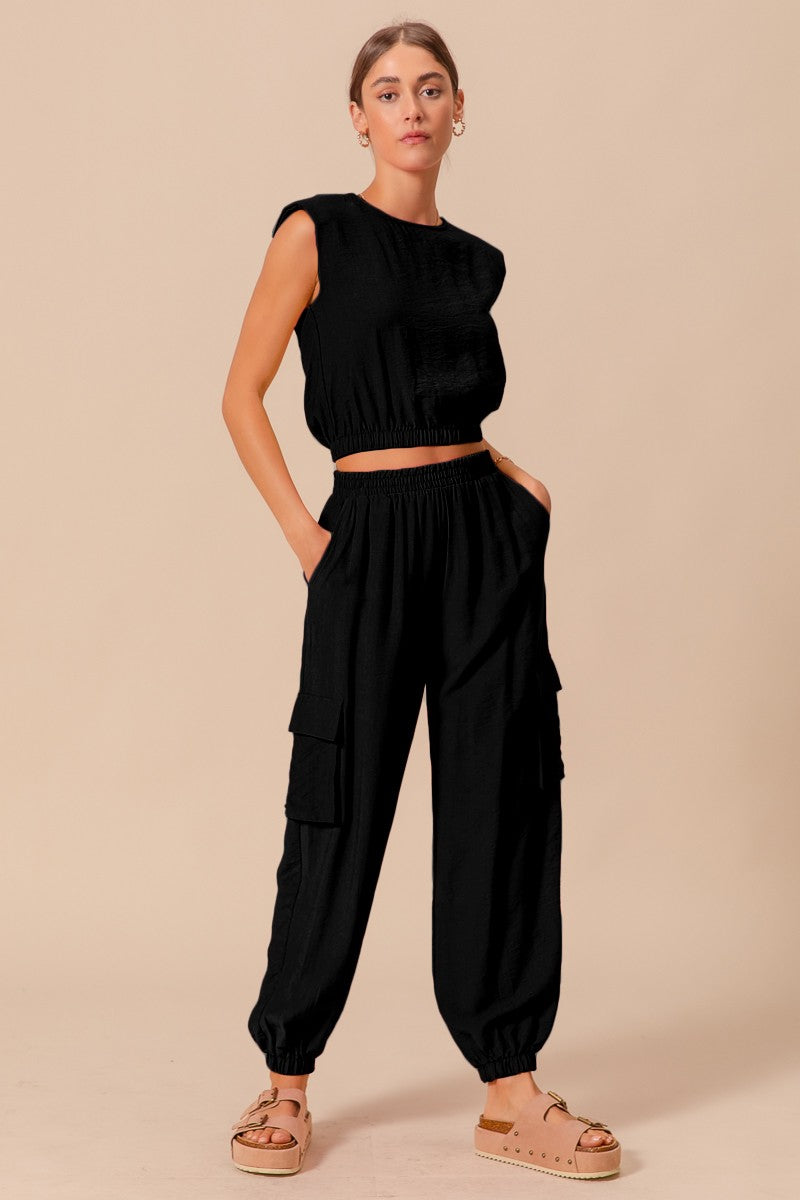 | Black Shoulder Pad Crop Top And Cargo Jogger Pants Set