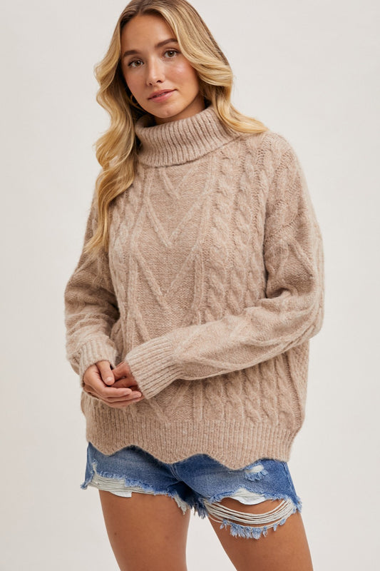 TURTLE NECK CABLE KNIT SCALLOP HEM SWEATER