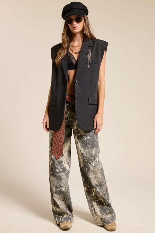 Solid Oversized Blazer Vest W Shoulder Pads