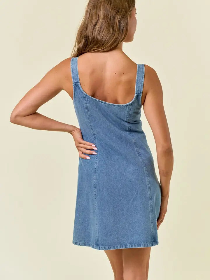 Double Scoop Neck Front Zip-Up Denim Mini Dress