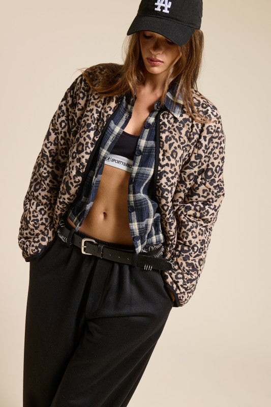 Leopard Print Quilted Snap Jacket