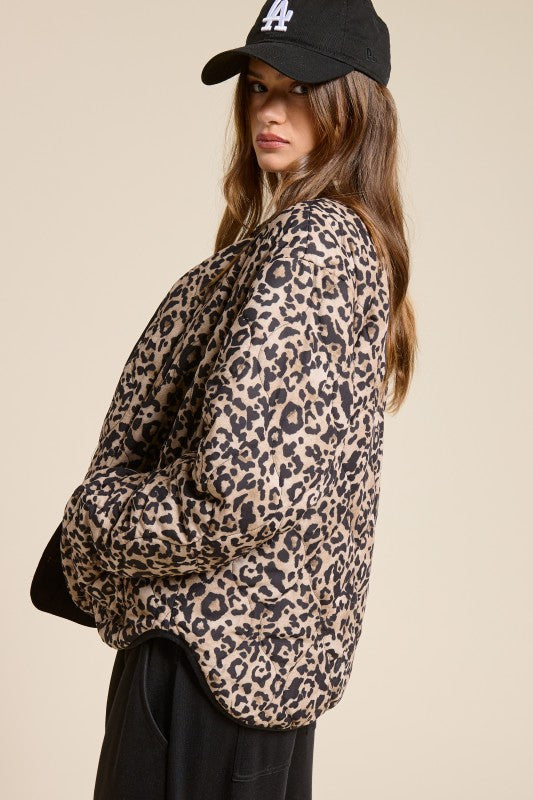 Leopard Print Quilted Snap Jacket