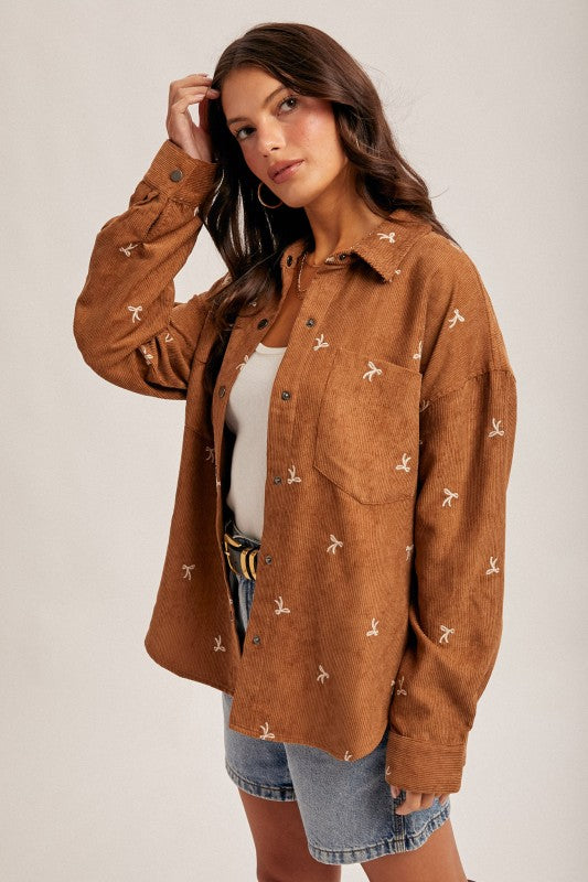 Bow Embroidery Corduroy Button Down Shirt
