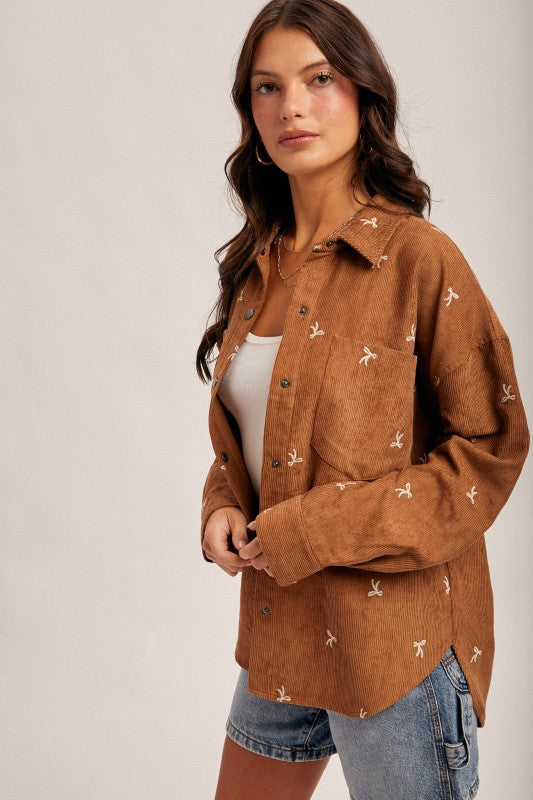 Bow Embroidery Corduroy Button Down Shirt