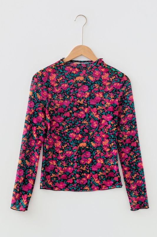 Slim Fit Floral Mesh Long Sleeve Mock Neck Top