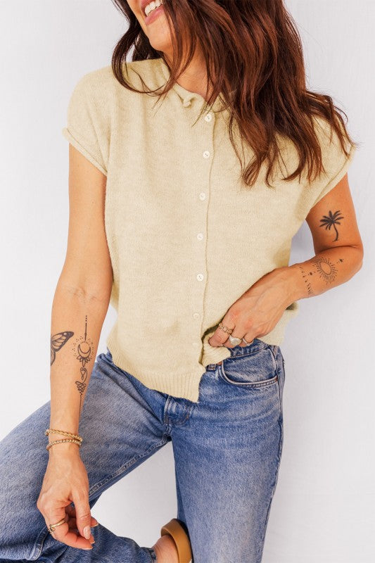 Buttoned Front Rolled Hem Cap Sleeve Sweater Top