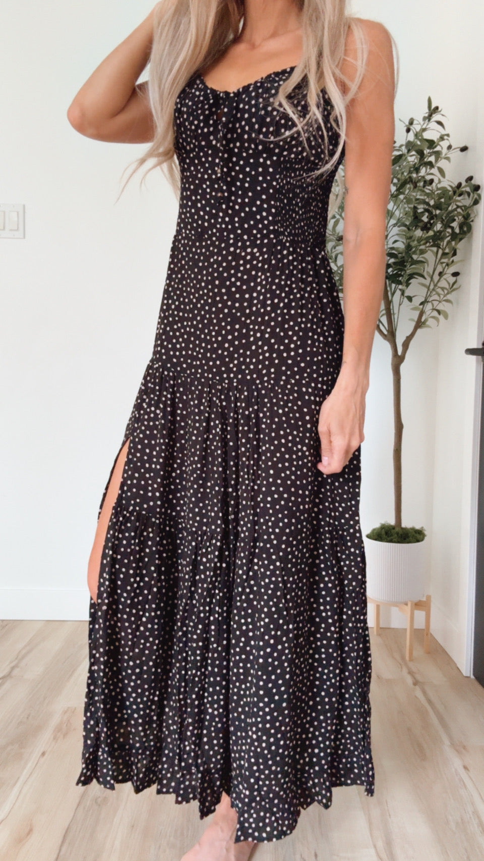 Polka Dot Side Slit Maxi Dress